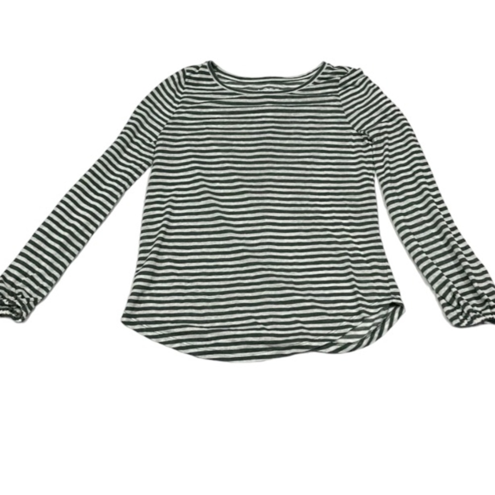 Loft Striped Long Sleeve Top Elastic Sleeves Size XS EUC Off White/Hunter Green